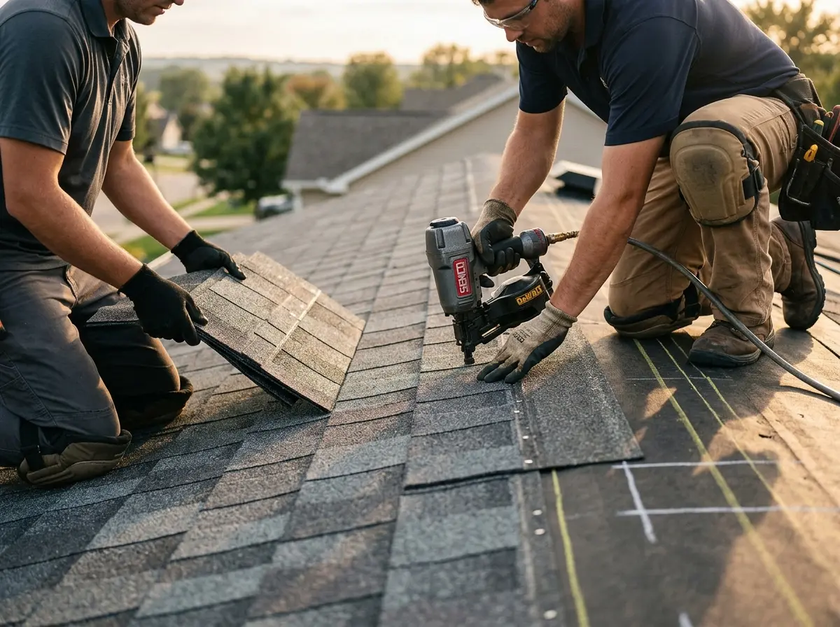 Professional roofer working on a residential roof in Pleasant Prairie